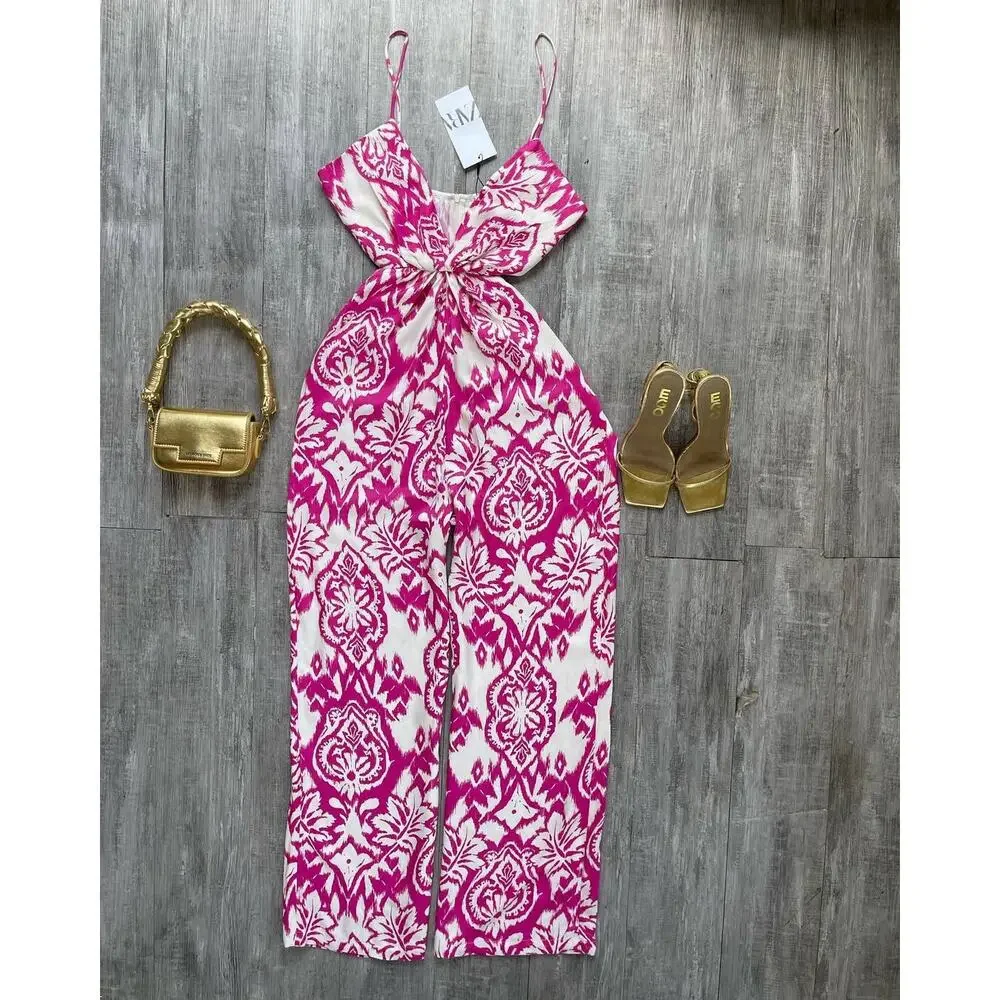 Zara NWT Pink White Cutout Wide Leg Jumpsuit M
